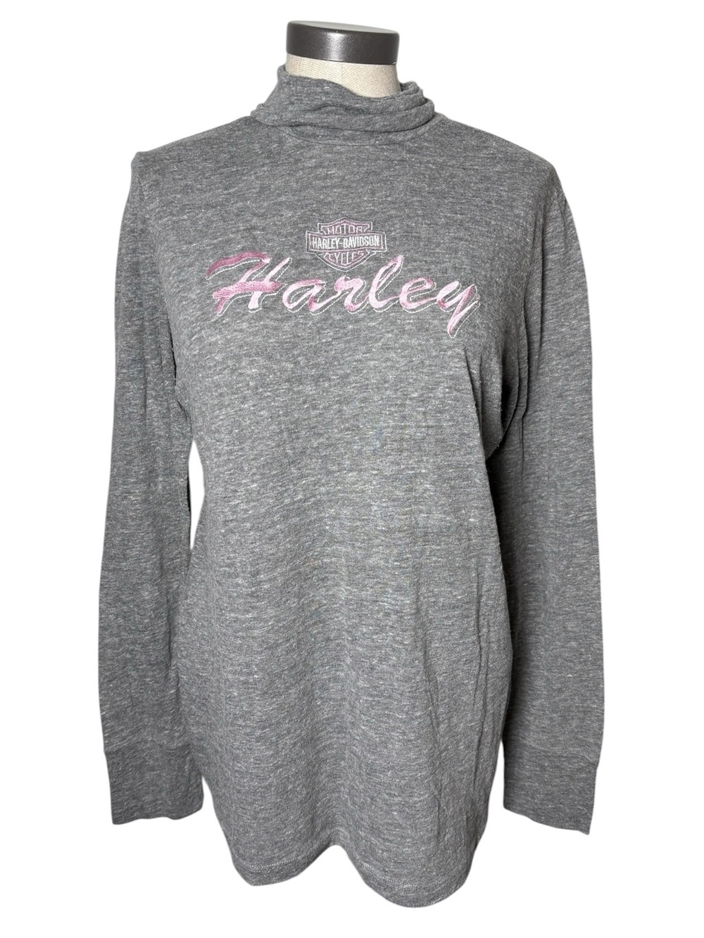 Harley Davidson Women’s XL Gray Pink Embroidered Mock Neck Long Sleeve Biker